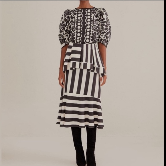 NWT FARM Rio Black and White Mixed Stripes Midi Skirt Size XL